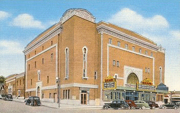 Postcard view of Temple Theatre, ca. 1937 - 'Live, Love & Learn' is on the Temple marquee
